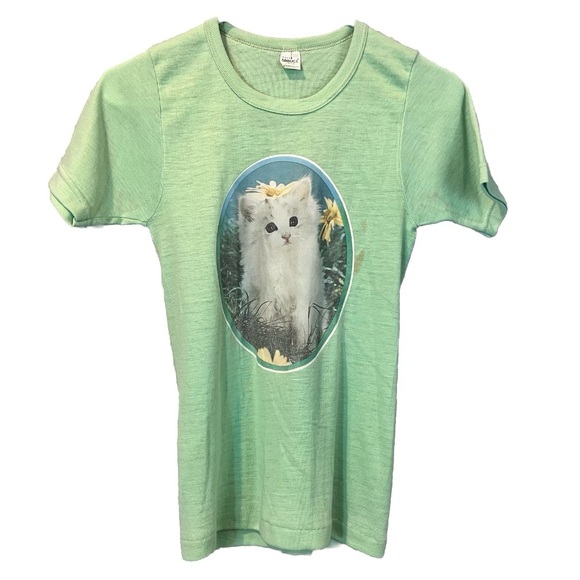 70’s Children’s Large “Peppermint Elfie” White Cat Print Shirt Customized flawed - Picture 1 of 12